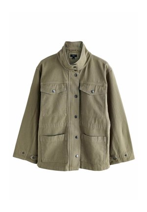Utility-stil khaki grøn jakke med høj krave, trykknaplukning foran, to brystlommer med klap og to nederste påsatte lommer.