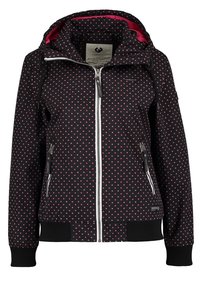 Veste noire à capuche avec pois roses, fermeture éclair devant, poches latérales zippées, poignets et ourlet côtelés, et doublure intérieure de la capuche rose.