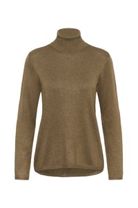 Khaki Rollkragenpullover aus weichem, strukturiertem Stoff. Lange Ärmel mit engem Kragen und lässiger Passform. Verfügt über einen Saum, der sich an den Seiten leicht wölbt.