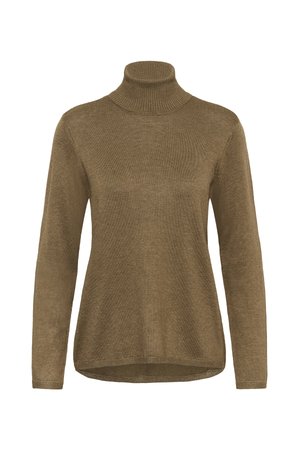 Pull col roulé kaki en tissu doux et texturé. Manches longues avec un col ajusté et une coupe décontractée. Présente un ourlet légèrement incurvé sur les côtés.