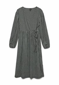 Vestido a cuadros en blanco y negro con mangas largas, escote en V, cintura ajustada y detalle de lazo. Tejido ligero con un diseño fluido.