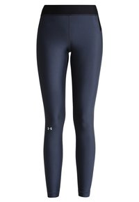 Leggings deportivas de color azul marino, hechos de una tela elástica, con una cinturilla negra y un pequeño logo blanco en la parte inferior de la pierna.