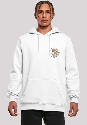 White hoodie with front pocket, drawstring hood, and a colorful graphic design on the left chest featuring cartoon elements.