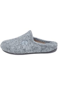 Grå hjemmesko med rund tå, blød tekstur og et kontrasterende blåt cirkulært logo. Har en sort sål for godt greb.