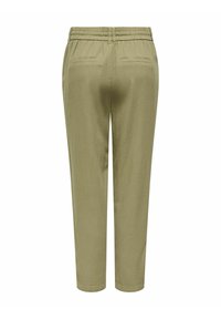 Pantalons droits, couleur olive, avec une taille élastique et deux poches arrière, présentés de dos.