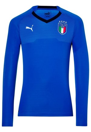 Blauw Italiaans voetbalshirt met lange mouwen, zwarte V-hals, Puma-logo op de rechterborst en het Italiaanse schild met vier sterren op de linkerborst.