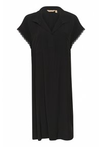 Black dress made of smooth fabric, featuring a collar, short sleeves with lace trim, and a relaxed fit. Includes two front pockets.