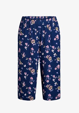 Navy bloemenbroek met lichtroze en groene bloemen, elastische tailleband, cropped lengte en een zachte textuur.