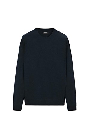 Pull à col ras du cou à manches longues bleu marine avec des poignets et un ourlet côtelés, exposé à plat sur un fond blanc.