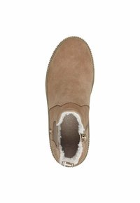 Bottine en daim marron avec une doublure blanche pelucheuse, fermeture éclair sur le côté et semelle en caoutchouc texturé. Bout rond et design simple.