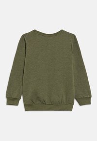 Olive green sweatshirt with long sleeves, round neckline, and ribbed hem. Soft fabric with a smooth texture, no visible patterns or accents.