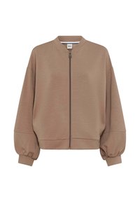 Taupe bomber jacket with a zip front, large, balloon sleeves, and a ribbed hem. Made from soft fabric with a smooth texture.