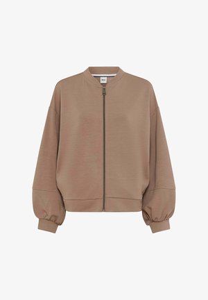 Taupe bomber jacket with a zip front, large, balloon sleeves, and a ribbed hem. Made from soft fabric with a smooth texture.