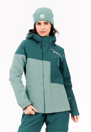 Teal and light green ski jacket with a hood, zippered pockets, and a slim fit. Features a textured exterior and adjustable cuffs.