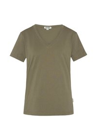 Olive green V-neck t-shirt with short sleeves, made of soft cotton, featuring a straight hem and minimal stitching details.