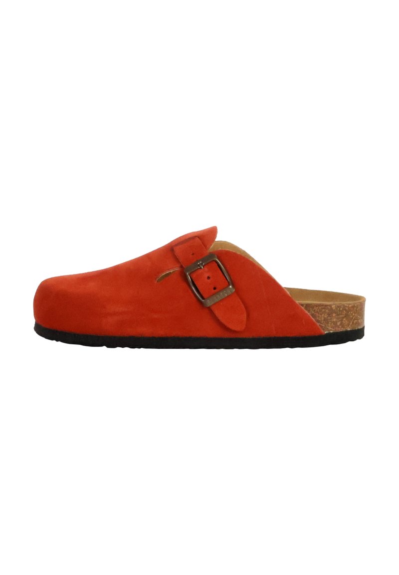 Orange suede clog with a cork midsole, adjustable buckle, rounded toe, and black rubber outsole. Side opening for breathability.