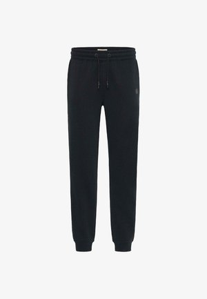 Black sweatpants made of soft fabric with an elastic waistband, drawstring accents, side pockets, and a logo detail on the left leg.