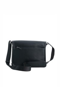 Borsa a tracolla in pelle nera con patta pieghevole, tracolla in tessuto regolabile, tasca frontale con zip e superficie liscia e texture.