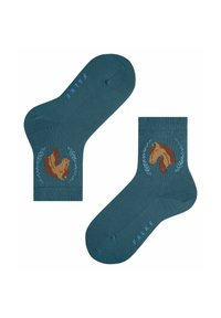 Türkise Baumwollsocken mit gerippter Textur, die ein braunes Pferdemotiv und ein florales Design aufweisen. Der Markenname "FALKE" ist in hellblau gedruckt.