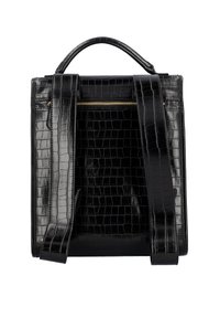 Sac en cuir noir à motif crocodile avec double anses et une poche zippée, présentant une forme structurée et une finition lisse et brillante.