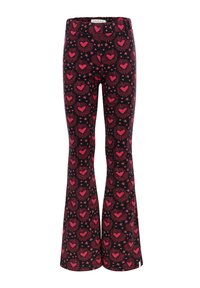 Zwarte uitlopende broek met een patroon van roze harten en sterren, een rekbare tailleband en een gladde textuur.