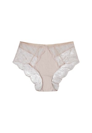 Beżowe koronkowe majtki z kwiecistym wzorem, gładkim środkowym panelem, falbaniastymi brzegami oraz miękką teksturą. Zaprojektowane dla komfortu i zakrycia.