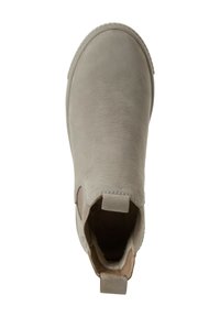 Bottine en cuir gris avec panneau latéral élastique, bout arrondi et petite languette arrière; texture lisse et détails de couture subtils visibles.