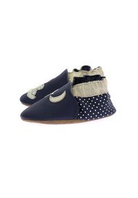 Scarpe in morbida pelle blu navy con punta affusolata, polsino accentato in oro e tessuto a pois, con un design che presenta una luna crescente e un orso.