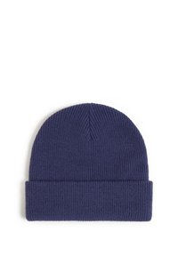 Knitted beanie hat in dark blue, featuring a ribbed texture and a folded cuff design. Simple, unadorned finish.