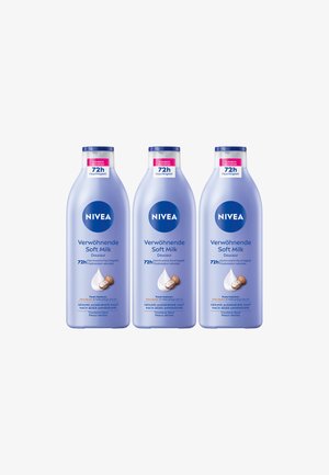 Three bottles of NIVEA Verwöhnende Soft Milk lotion with shea butter, highlighting 72-hour moisture for dry skin.