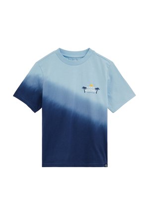 T-shirt in cotone con maniche corte e scollo tondo, sfumatura dal celeste al blu scuro; presenta una grafica di una palma e del testo sul petto.