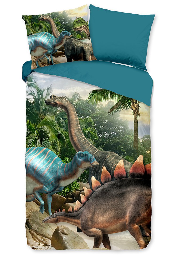 Dinosaurier-Themen-Bettwäsche-Set mit bunten, detaillierten Illustrationen verschiedener Dinosaurier zwischen Grünpflanzen. Teal-Akzentfarbe auf den Kissenbezügen.