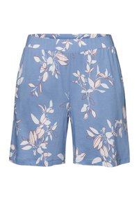 Lichtblauwe shorts van zachte stof, met een wit en rood bloemenpatroon. Inclusief een elastische tailleband voor comfort.