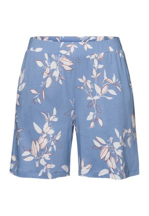 Lyseblå shorts lavet af blødt stof med et hvidt og rødt blomsterdesign. Indeholder en elastisk talje for komfort.