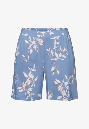 Lyseblå shorts lavet af blødt stof med et hvidt og rødt blomsterdesign. Indeholder en elastisk talje for komfort.