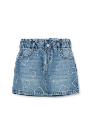 Jupe en denim avec une taille élastique, couleur bleu clair, ornée d'un motif en forme de cœur. Design classique à cinq poches avec des accents décolorés.