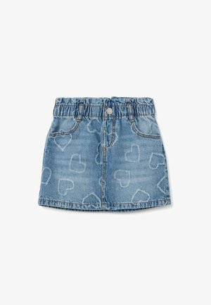 Jupe en denim avec une taille élastique, couleur bleu clair, ornée d'un motif en forme de cœur. Design classique à cinq poches avec des accents décolorés.