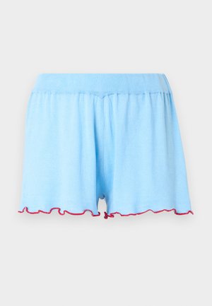 Light blue soft fabric shorts with elastic waistband and red ruffled trim along the hem, displayed on a plain background.