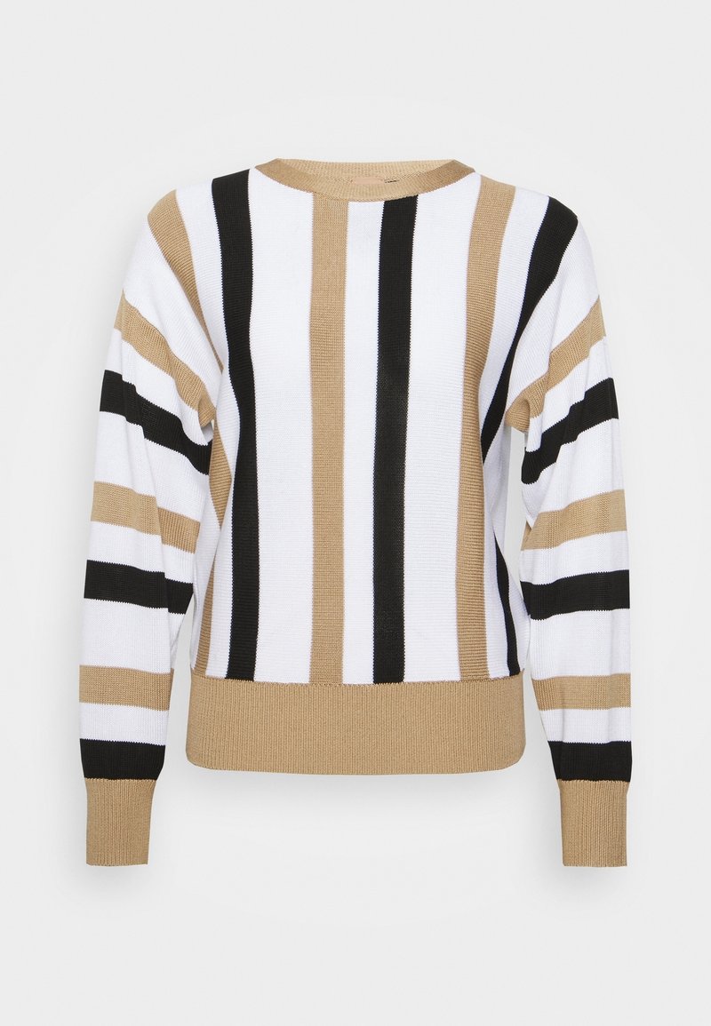 Pull en tricot à manches longues avec rayures verticales et horizontales beige, blanches et noires, col rond, poignets et ourlet côtelés.