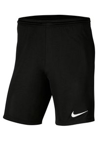 Musta, kevytkankaasta valmistetut urheilushortsit, joissa on valkoinen Nike-logo, joustava vyötärönauha ja sileä pinta.