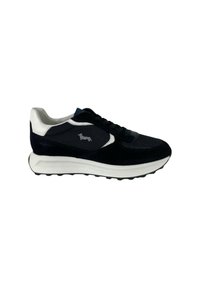 Scarpe da ginnastica blu navy realizzate con un mix di materiale in rete e suede, con dettagli bianchi, suola testurizzata e un piccolo logo di lato.