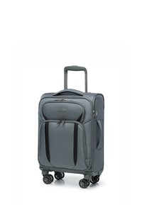 Grijze soft-shell koffer met een uitschuifbare handgreep, vier spinnerwielen en zwarte accenten. Voorzien van ritsen en een combinatiels.