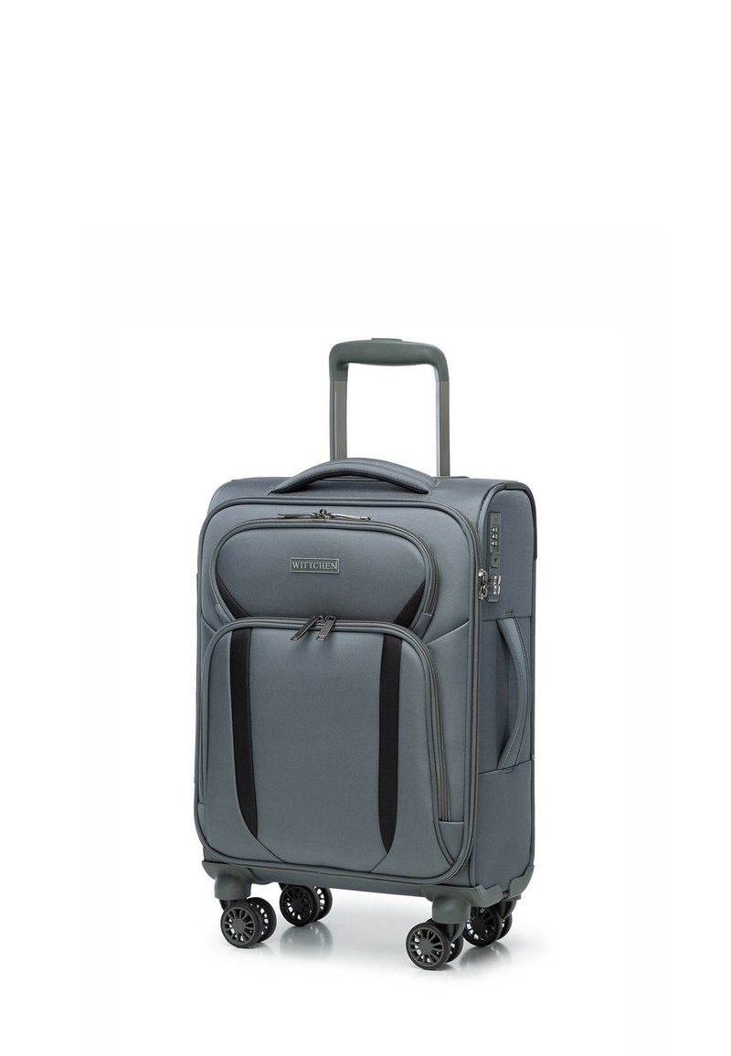 Grijze soft-shell koffer met een uitschuifbare handgreep, vier spinnerwielen en zwarte accenten. Voorzien van ritsen en een combinatiels.