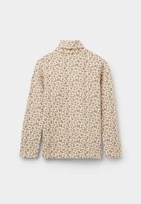 Beige Mock-Turtleneck-Oberteil mit einem sich wiederholenden braunen Leopardenmuster, langen Ärmeln und einem strukturierten Stoff. Rückansicht dargestellt.