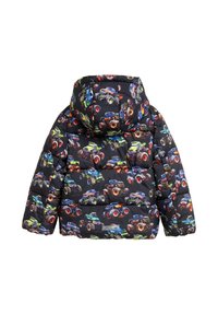 Giacca nera imbottita con chiusura a zip totale, cappuccio e motivi di camion dei mostri colorati su tutta la stoffa.