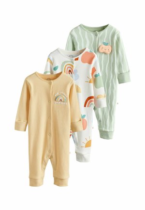 Tre barnonesies: en gul ribbad med regnbågsbroderi, en vit mönstrad med frukter och regnbågar, och en grön randig med ett ansikte som accent.