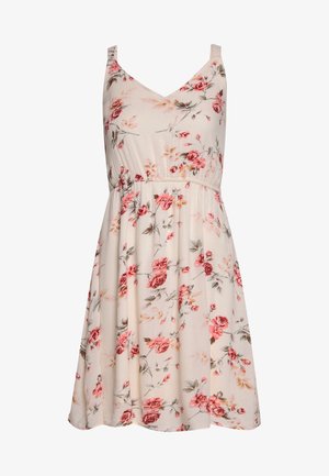 Robe sans manches crème avec imprimé floral rose et rouge, décolleté en V, taille cintrée, jupe fluide arrivant au genou.