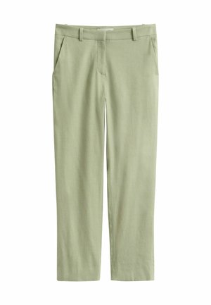 Hellgrüne, gerade geschnittene Hose mit Gürtelschlaufen und Seitentaschen, flach auf weißem Hintergrund ausgelegt.