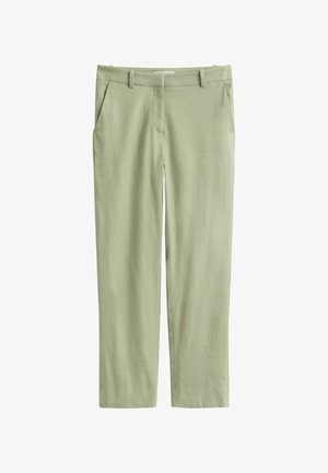 Pantalon vert clair à jambes droites avec passants pour ceinture et poches latérales, présenté à plat sur un fond blanc.