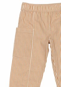 Randiga byxor i lätt tyg, med vertikala beige och bruna ränder, resårmidja och sidoficka.